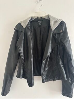 Wet Seal Black Faux Leather Moto Jacket with Gray Hood Insert